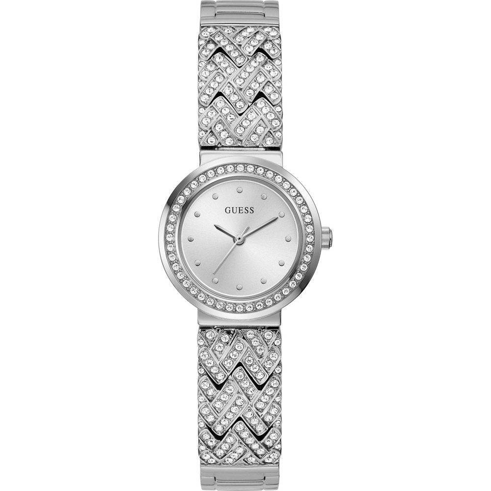 Guess Treasure Dameshorloge - 28mm met zilverkleurige band en kristallen accenten, slank ontwerp en 3ATM waterdichtheid. Elegant dameshorloge voor dagelijks gebruik.