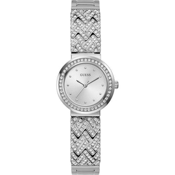 Guess Treasure Dameshorloge - 28mm met zilverkleurige band en kristallen accenten, slank ontwerp en 3ATM waterdichtheid. Elegant dameshorloge voor dagelijks gebruik.