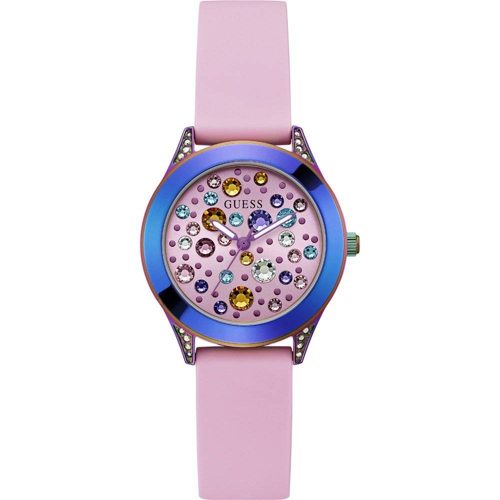 Guess Mini Wonderlust horloge 34mm GW0678L3 met roze siliconen band en kleurrijke kristallen wijzerplaat, perfect damesaccessoire.