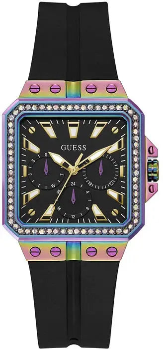 Guess Watches LIBRA GW0618L3 dameshorloge 34mm met een zwart siliconen bandje en een vierkante kast met regenboogeffect en kristallen bezel.