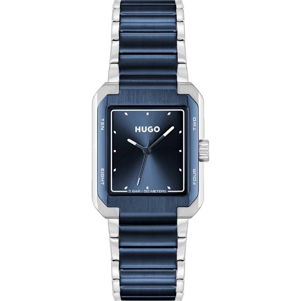Hugo Boss Orange Thrive HU1530382 herenhorloge met rechthoekige blauwe wijzerplaat en zilver-blauwe schakelband, stijlvol en modern design.