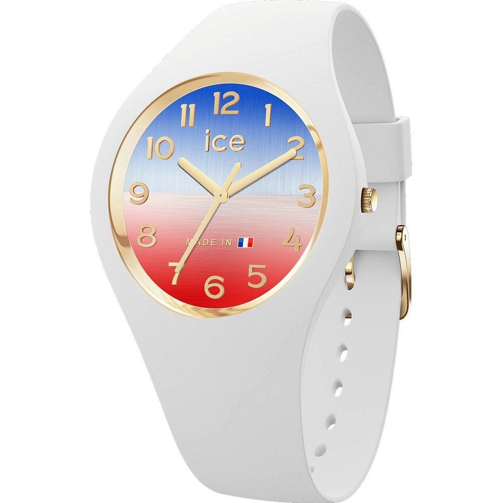 Ice-Watch ICE Cocorico horloge 37mm met Franse driekleur wijzerplaat en wit siliconen bandje, sportief dameshorloge met gouden accenten.