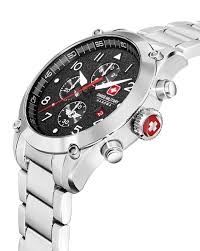 Swiss Military Hanowa Herenhorloge 44mm Nightflighter SMWGI2101501 met zwarte wijzerplaat en zilveren roestvrijstalen band. Stoer Swiss Made horloge voor heren.