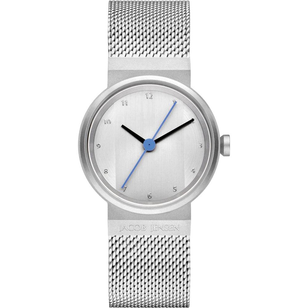 Jacob Jensen dameshorloge JJ791 29mm met zilverkleurige mesh band en minimalistisch design, ideaal voor elegante gelegenheden.