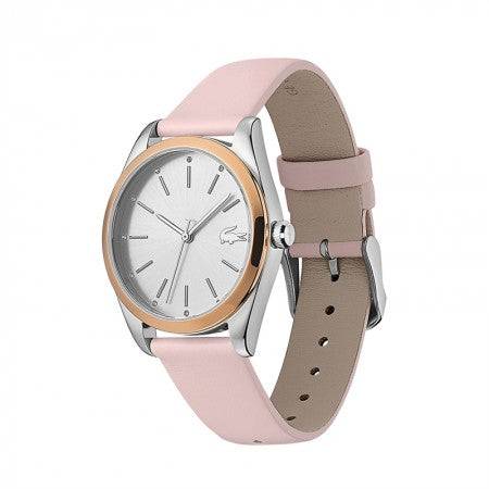 Lacoste dameshorloge 36mm - LC2001098 met roze leren band en zilverkleurige wijzerplaat, trendy en elegant accessoire voor elke outfit.