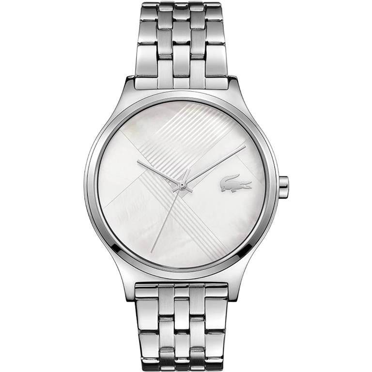Lacoste LC2001147 dameshorloge met zilverkleurige roestvrijstalen band en parelmoer wijzerplaat. Elegant en tijdloos ontwerp voor elke gelegenheid.