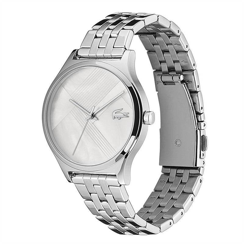 Lacoste LC2001147 dameshorloge met zilverkleurige roestvrijstalen band en minimalistische parelmoer wijzerplaat. Elegant en tijdloos ontwerp.