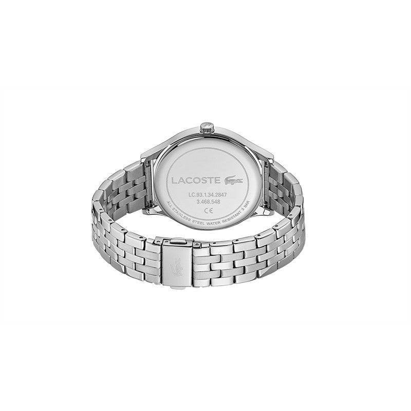 Achteraanzicht van het Lacoste LC2001147 dameshorloge met zilverkleurige roestvrijstalen schakelband. Elegant en tijdloos ontwerp voor dagelijks gebruik.