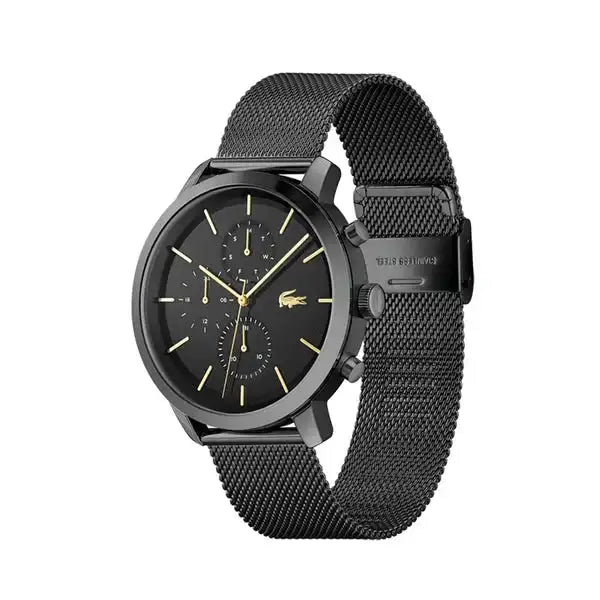 Lacoste LC2011194 Herenhorloge - Replay 40mm met zwarte roestvrijstalen mesh band en goudkleurige details. Modern quartz horloge voor heren.