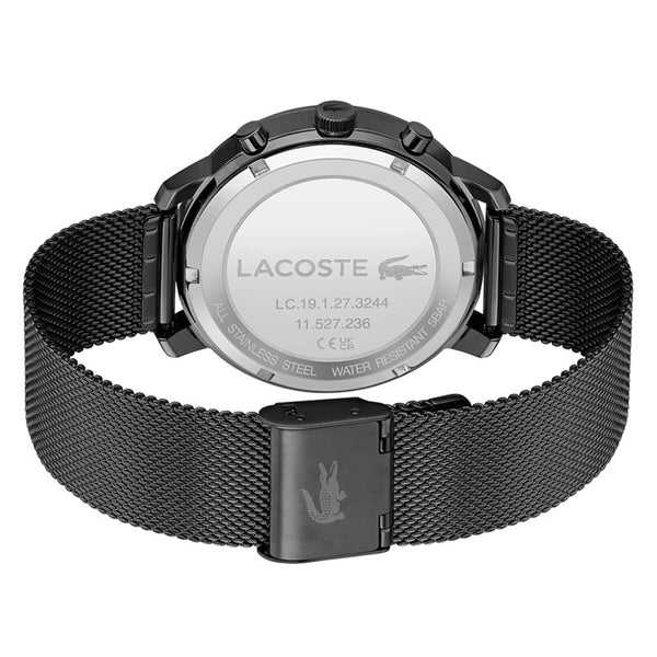 Achterkant van de Lacoste LC2011194 Herenhorloge - Replay 40mm met zwarte roestvrijstalen mesh band en gegraveerd Lacoste-logo op de sluiting.