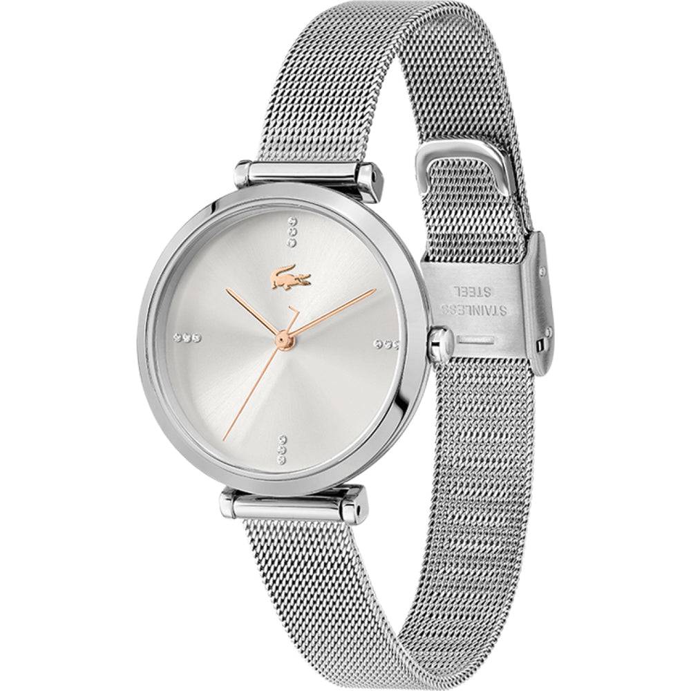 Lacoste Dameshorloge 32mm - Geneva met zilverkleurige mesh band en minimalistisch wijzerplaatontwerp. Elegant horloge voor dames.