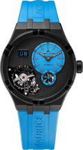 Maurice Lacroix Aikon klok 45mm kopen met blauw rubberen band en opengewerkte tourbillon, luxe heren horloge met Zwitsers automatisch uurwerk.