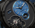 Maurice Lacroix Aikon klok 45mm kopen met blauwe wijzerplaat, opengewerkte tourbillon en groot datavenster, luxe herenhorloge Swiss Made.