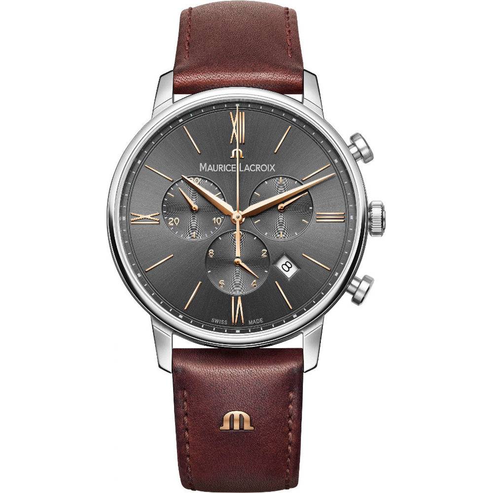 Maurice Lacroix Eliros EL1098-SS001-311-1 Chronograph herenhorloge 40mm met bruine leren band en grijze wijzerplaat. Swiss Made precisie en elegantie.