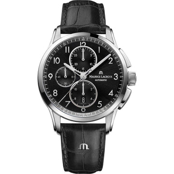 Maurice Lacroix Pontos PT6388-SS001-320-2 automatische chronograaf herenhorloge met zwarte leren band en zwarte wijzerplaat, Swiss Made.