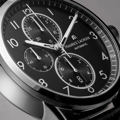 Maurice Lacroix Pontos PT6388-SS001-320-2 automatic chronograaf herenhorloge 43mm met zwarte wijzerplaat en zilveren accenten. Luxe Swiss Made horloge voor heren in de categorie sieraden en horloges.