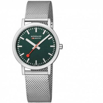 Mondaine Classic Spoorweg Horloge 36mm M660.30314.60SBJ met groene wijzerplaat en roestvrijstalen mesh band, dameshorloge Swiss Made.