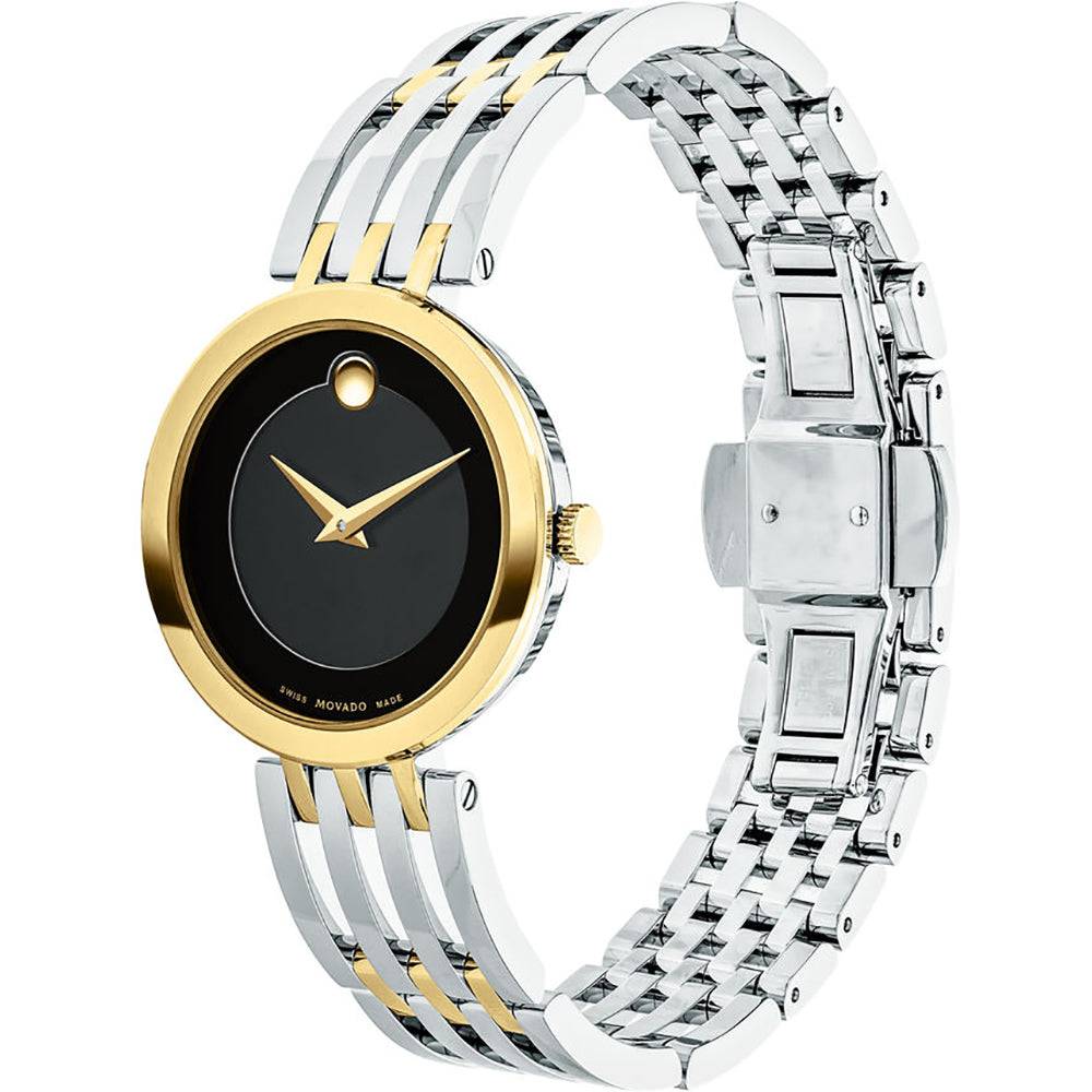 Movado Esperanza 0607053 dameshorloge 28mm met goudkleurige en zilverkleurige armband, minimalistisch zwart wijzerplaatontwerp.