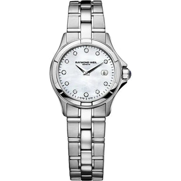 Raymond Weil Parsifal 9460-ST-97081 dameshorloge 28mm met parelmoer wijzerplaat en diamanten uurmarkeringen. Elegant Zwitsers horloge voor dames.