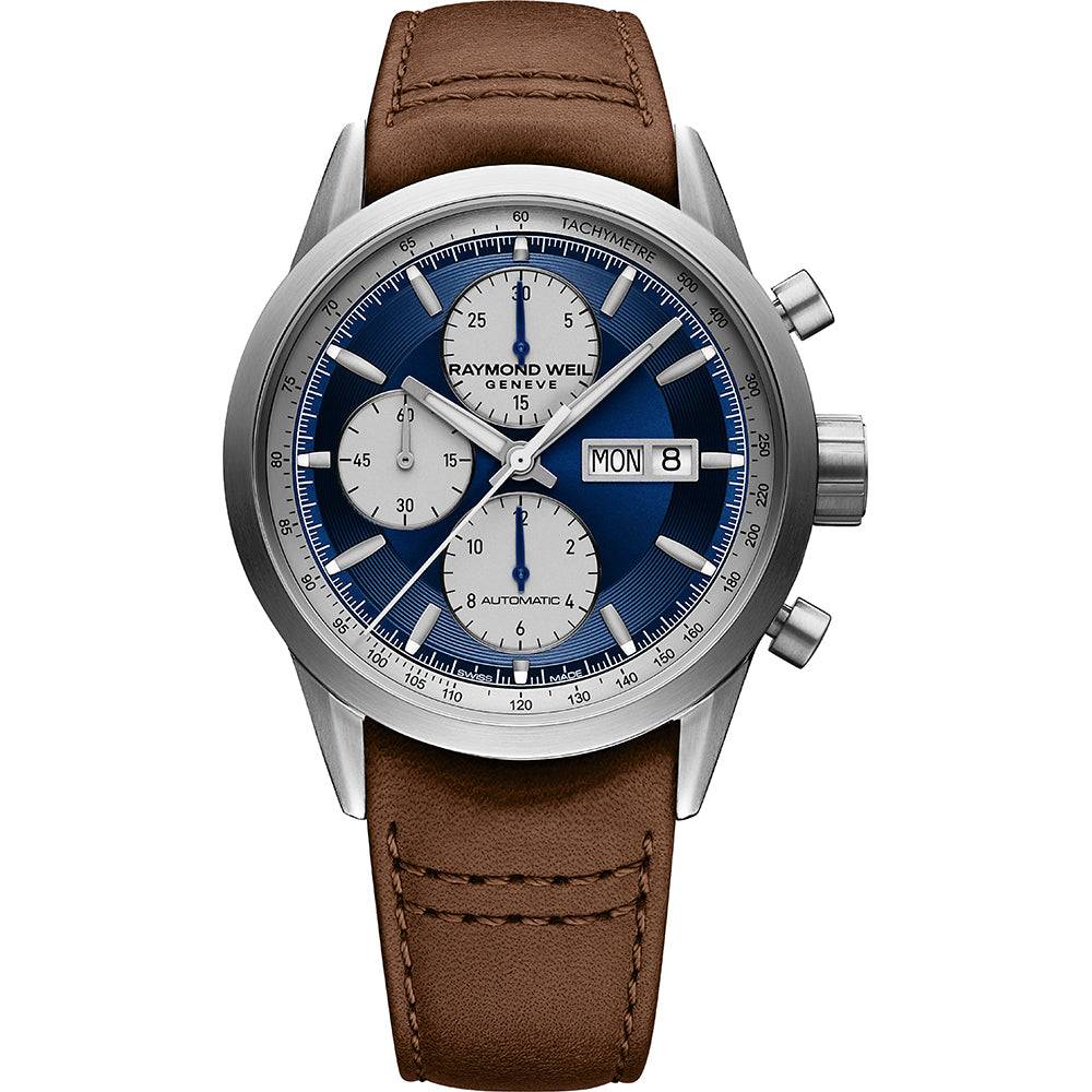 Raymond Weil Freelancer herenhorloge 42mm met blauwe wijzerplaat, chronograaf en bruine lederen band, Swiss Made design voor stijlvolle mannen.