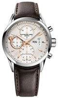 Raymond Weil Freelancer 7730-STC-65025 Chronograph herenhorloge 42mm met bruin leren band, zilverkleurige wijzerplaat en roségouden accenten.