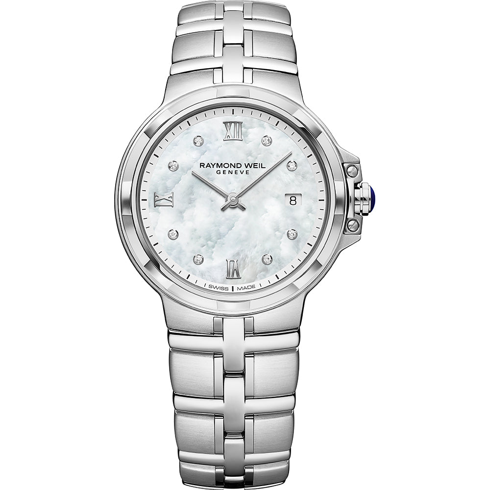 Raymond Weil Parsifal 5180-ST-00995 dameshorloge met een 30mm roestvrijstalen kast, parelmoeren wijzerplaat en diamanten uurmarkeringen.