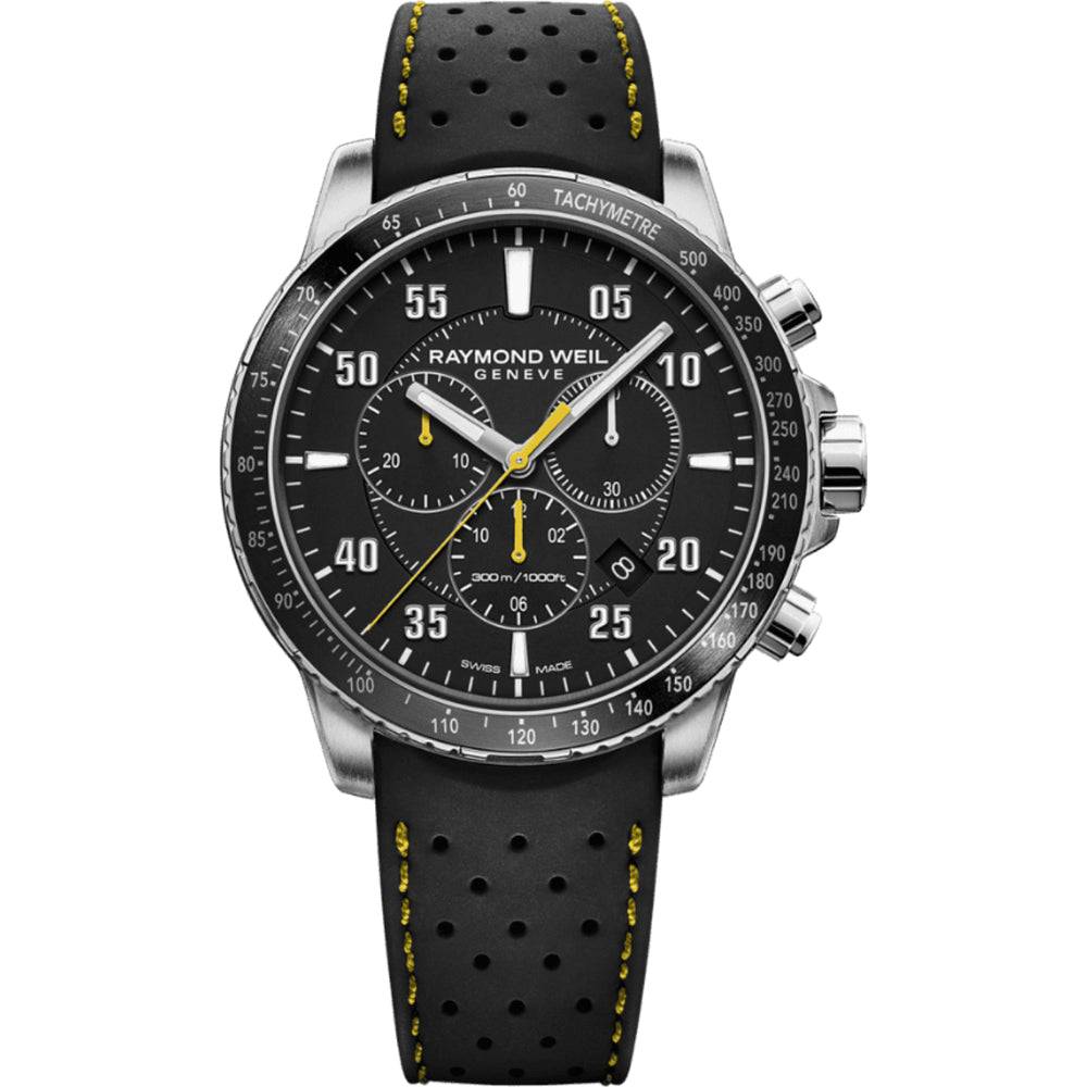 Raymond Weil Herenhorloge - Tango 43mm 30 ATM met zwarte wijzerplaat, gele accenten en zwarte geperforeerde lederen band. Swiss Made duikhorloge voor heren.