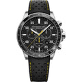 Raymond Weil Herenhorloge - Tango 43mm 30 ATM met zwarte wijzerplaat, gele accenten en zwarte geperforeerde lederen band. Swiss Made duikhorloge voor heren.