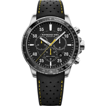 Raymond Weil Herenhorloge - Tango 43mm 30 ATM met zwarte wijzerplaat, gele accenten en zwarte geperforeerde lederen band. Swiss Made duikhorloge voor heren.