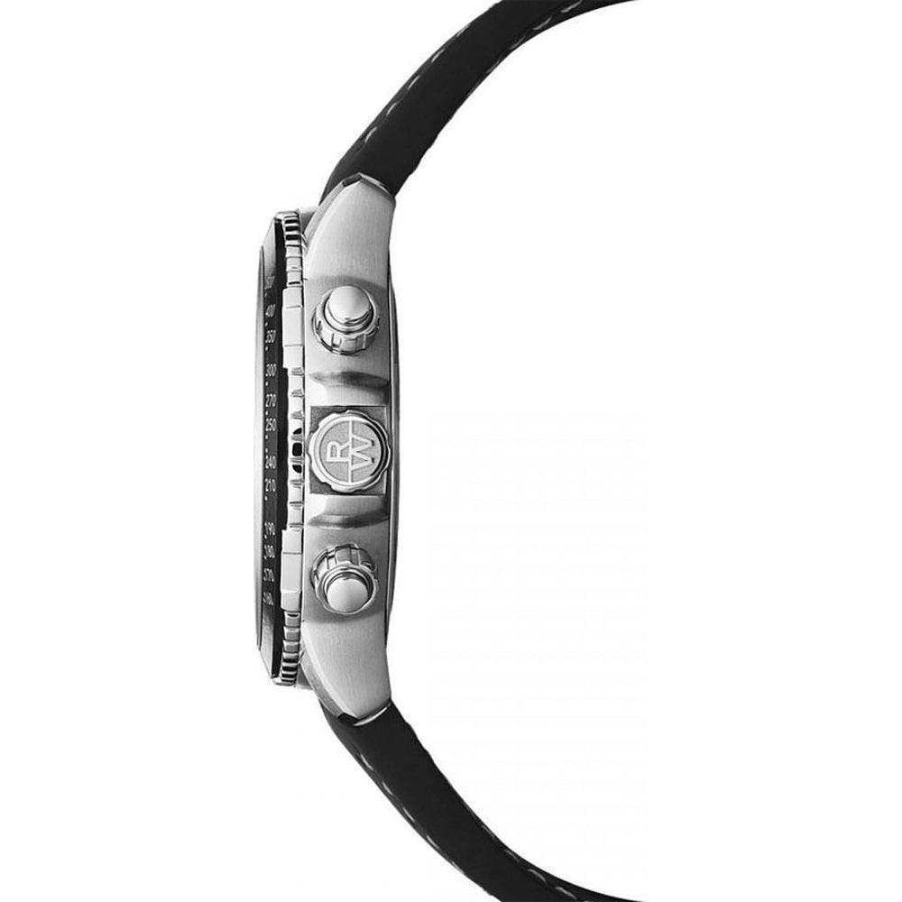 Raymond Weil Herenhorloge - Tango 43mm 30 ATM met zwarte wijzerplaat, gele accenten en zwarte geperforeerde lederen band. Swiss Made duikhorloge voor heren.