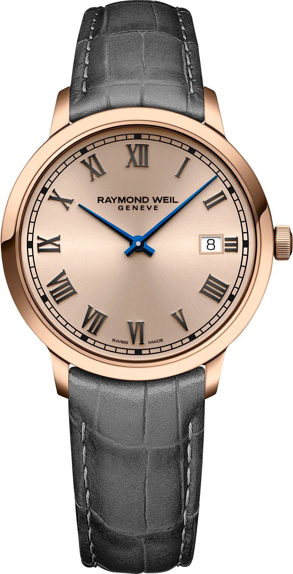 Raymond Weil Toccata 39mm horloge met roségouden kast, grijze lederen band en blauwe wijzers. Elegant herenhorloge voor elke gelegenheid.