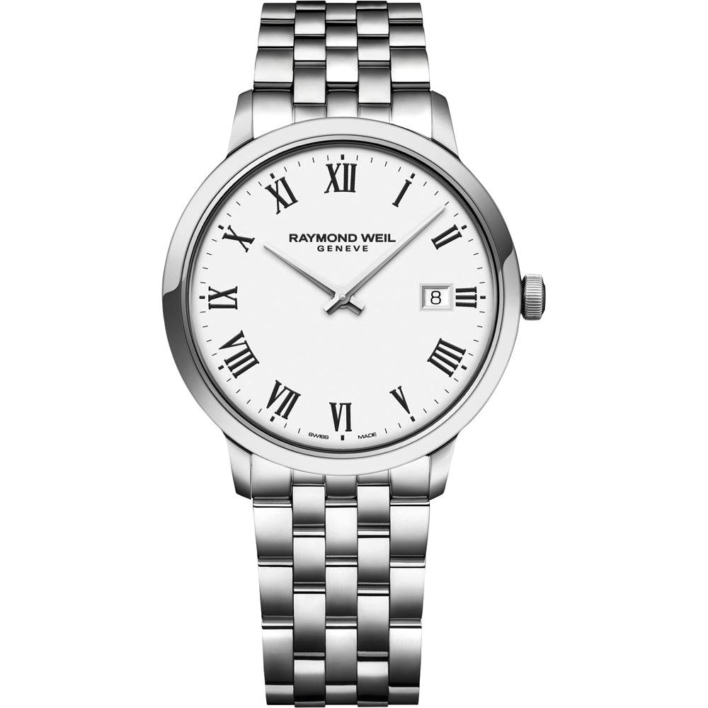 Raymond Weil Toccata 5485-ST-00300 herenhorloge 39mm met zilverkleurige roestvrijstalen band en witte wijzerplaat met Romeinse cijfers.