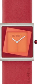 Dameshorloge Rolf Cremer Yess 34mm met vierkante oranje wijzerplaat en rood leren bandje. Modern design voor stijlvolle dames.