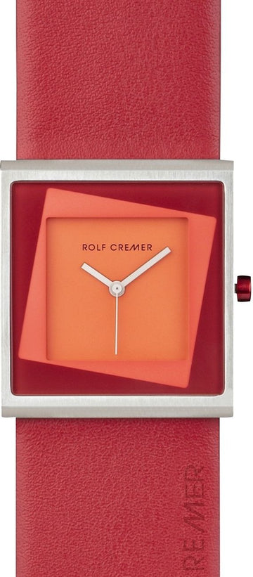 Dameshorloge Rolf Cremer Yess 34mm met vierkante oranje wijzerplaat en rood leren bandje. Modern design voor stijlvolle dames.