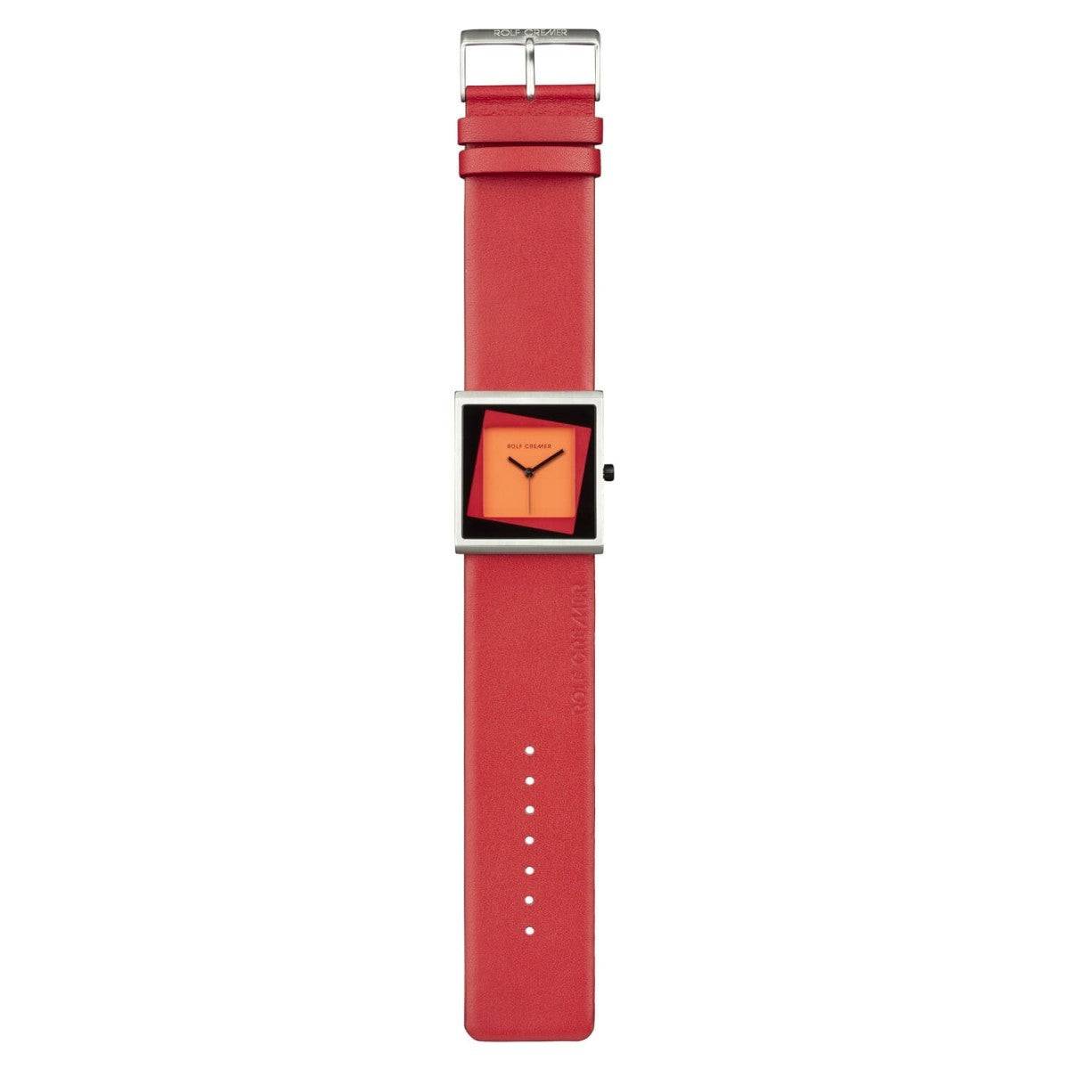 Rolf Cremer dameshorloge Yess 34mm met rood leren bandje en vierkante oranje wijzerplaat. Trendy design voor moderne vrouwen.