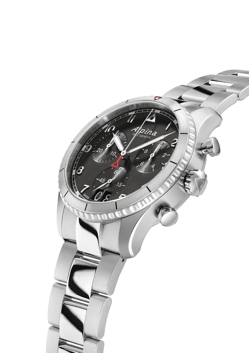 Alpina Startimer Pilot Chronograph herenhorloge 41mm met zwarte wijzerplaat, grote datum en roestvrijstalen band. Zwitsers design voor piloten.