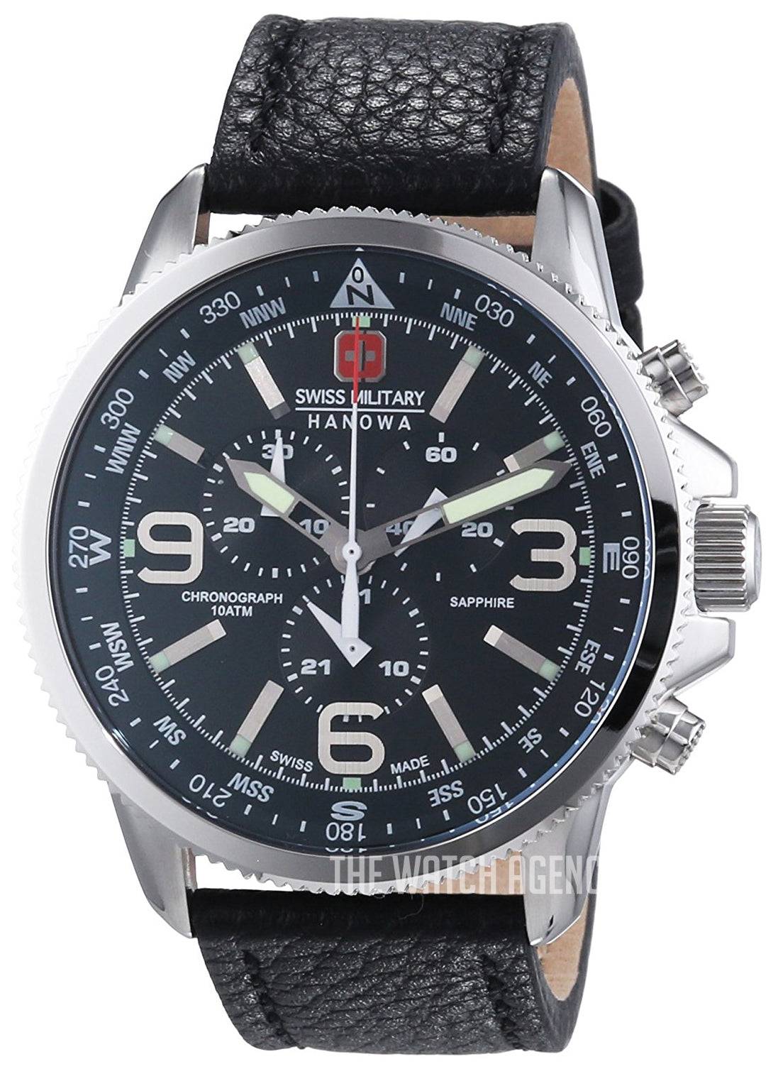 Swiss Military Hanowa Arrow 06-4224.04.007 herenhorloge 46mm DEMO met zwart leren band, zwarte wijzerplaat en chronograaf functies.