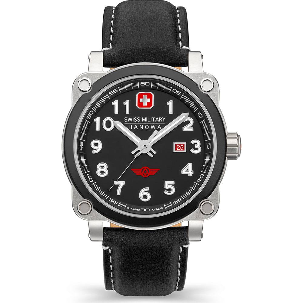Aerograph Night Vision - Swiss Military Hanowa Herenhorloge met zwart lederen band, 43mm kast en Zwitsers quartz uurwerk in pilotenstijl.