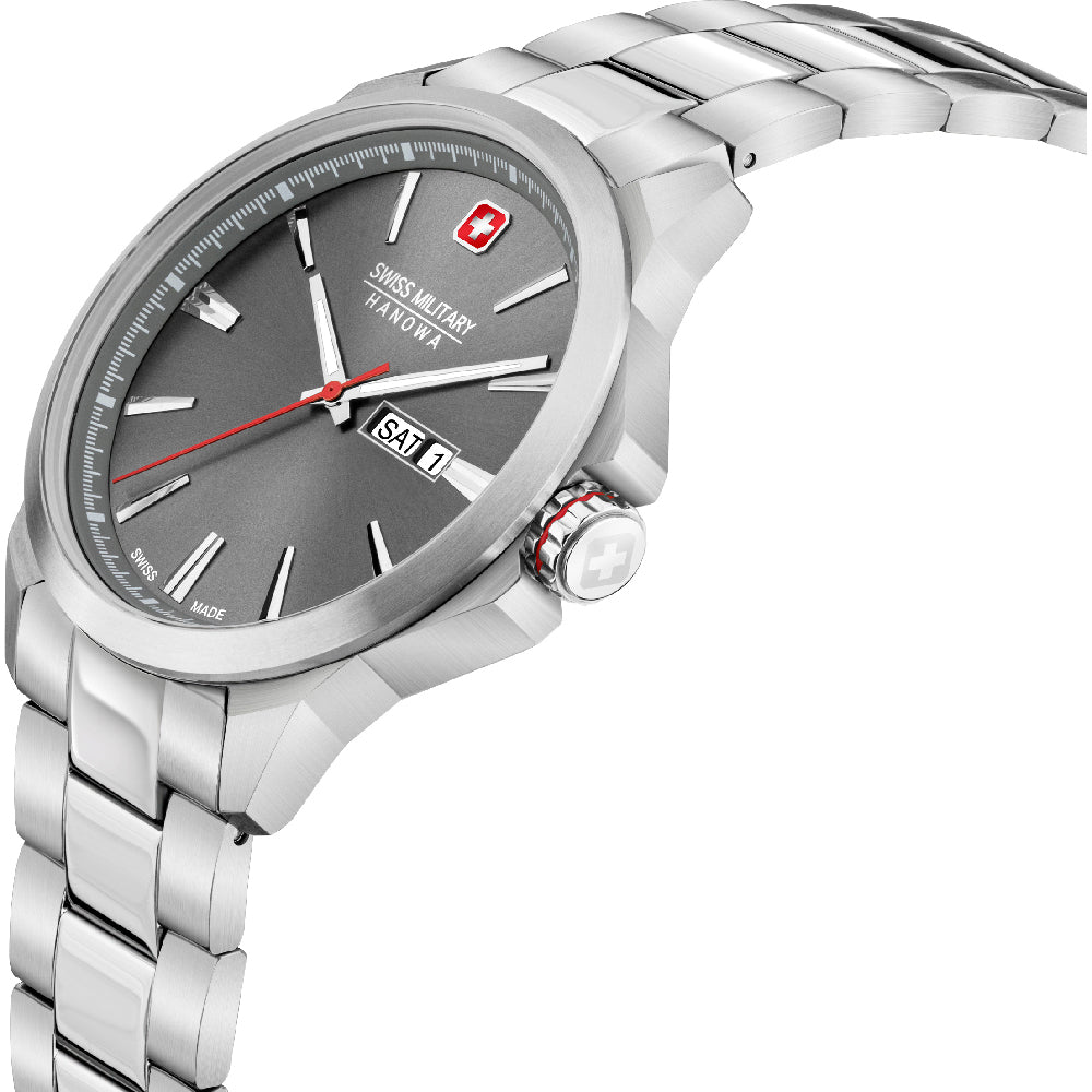 Swiss Military Hanowa - Zwitserse Horloge 42mm met grijze wijzerplaat, datumweergave en roestvrijstalen band, ideaal voor herenmode.