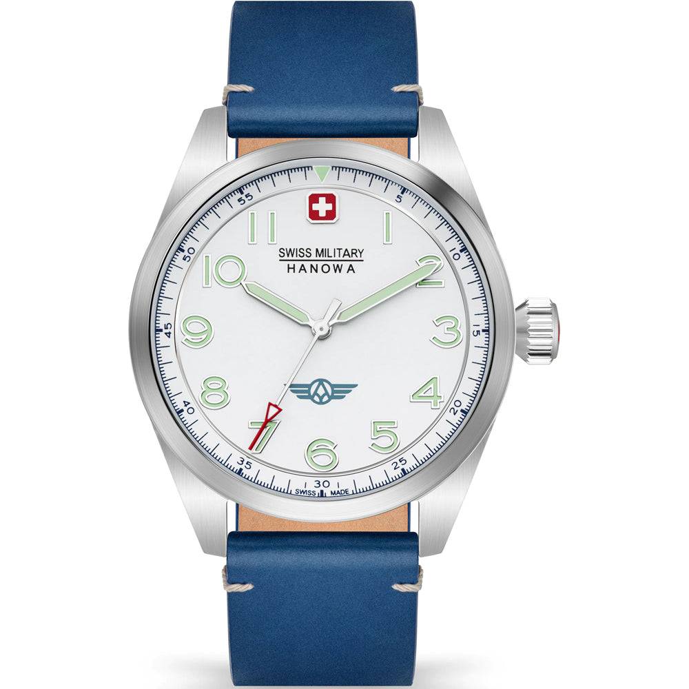 Swiss Military Hanowa SMWGA2100403 Falcon Herenhorloge 42mm met wit wijzerplaat, blauwe leren band en Zwitsers quartz uurwerk. Stijlvol herenhorloge met saffierglas en rode secondewijzer.