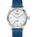 Swiss Military Hanowa SMWGA2100403 Falcon Herenhorloge 42mm met wit wijzerplaat, blauwe leren band en Zwitsers quartz uurwerk. Stijlvol herenhorloge met saffierglas en rode secondewijzer.