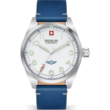 Swiss Military Hanowa SMWGA2100403 Falcon Herenhorloge 42mm met wit wijzerplaat, blauwe leren band en Zwitsers quartz uurwerk. Stijlvol herenhorloge met saffierglas en rode secondewijzer.