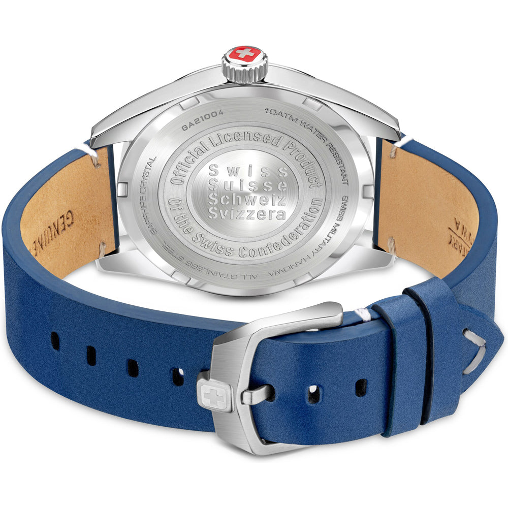 Swiss Military Hanowa SMWGA2100403 Falcon Herenhorloge 42mm met blauwe lederen band en roestvrijstalen kast, achterkant met Zwitsers keurmerk.