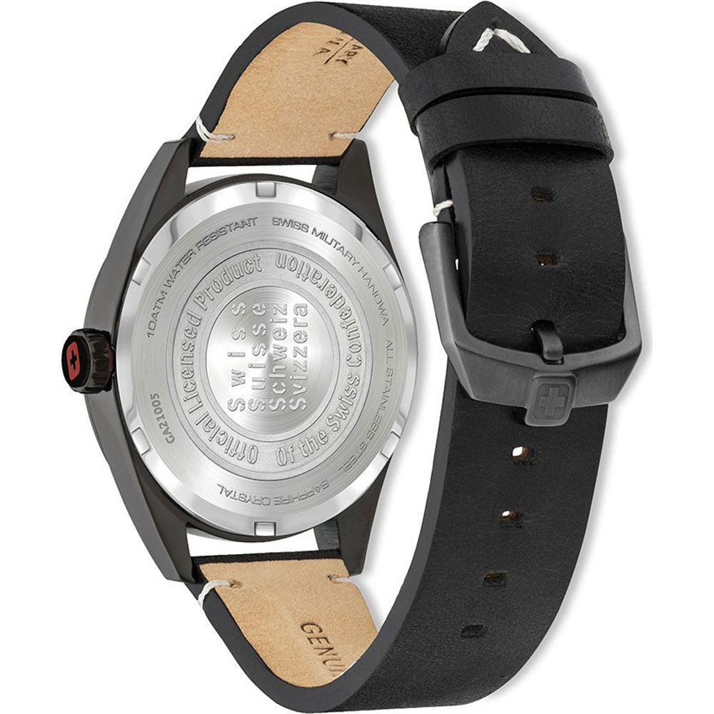 Achteraanzicht van de Swiss Military Hanowa Land SMWGA2100540 Horloge met zwart lederen band en roestvrijstalen kastdeksel, herenmodel.