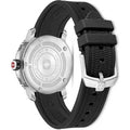 Achterzijde van Swiss Military Hanowa Aqua Herenhorloge 43mm met gegraveerde kastdeksel en verstelbare rubberen band met gesp.