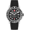 Swiss Military Hanowa Aqua Herenhorloge 43mm met zwarte wijzerplaat, duikring en rubberen band, waterbestendig tot 20 ATM.