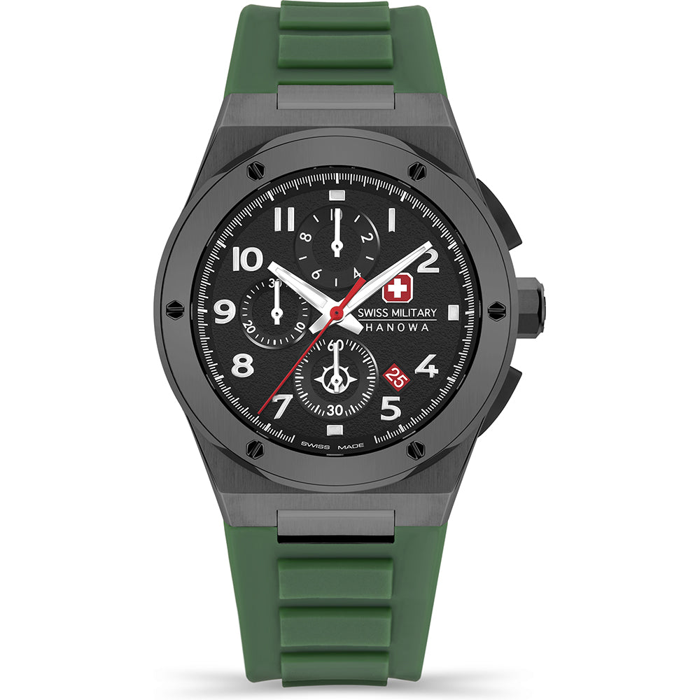 Swiss Military Hanowa Land Sonoran Herenhorloge 43mm met zwarte wijzerplaat, rode secondewijzer en groene siliconen band. Swiss Made chronograaf voor heren.