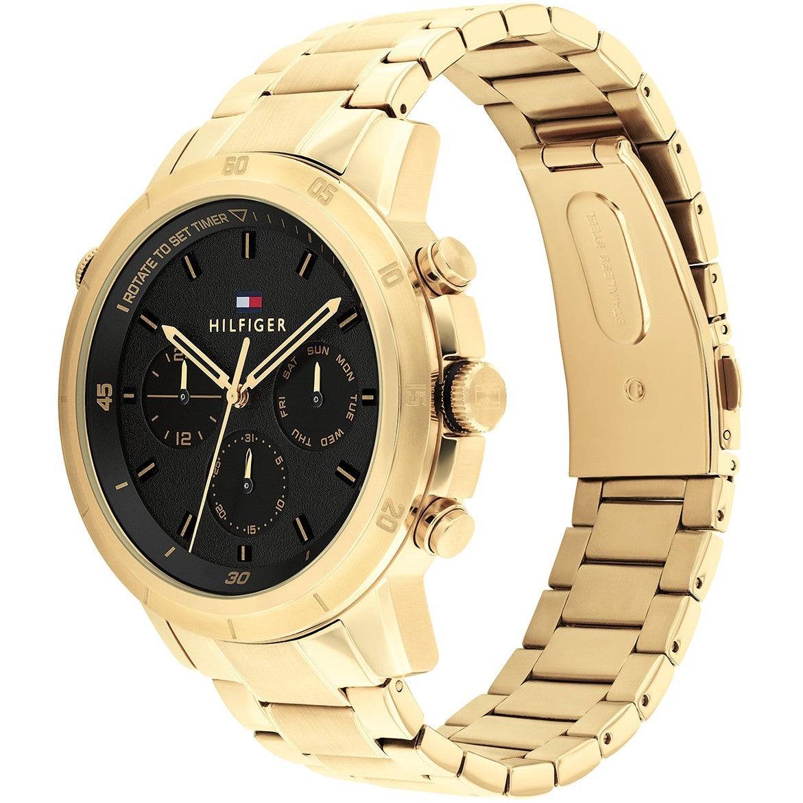 Tommy Hilfiger Herenhorloge TH1792109 Troy met goudkleurige roestvrijstalen band en zwarte wijzerplaat, ideaal voor een stijlvolle look.