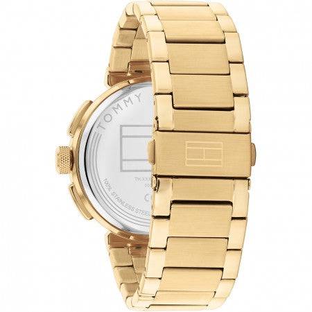 Gouden Tommy Hilfiger TH1792118 LORENZO herenhorloge 44mm met roestvrijstalen schakelband en gegraveerde sluiting. Luxe accessoire voor heren.