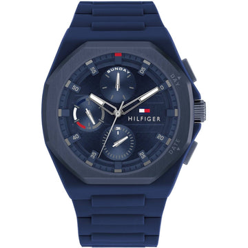 Tommy Hilfiger TH1792122 NEO herenhorloge 44mm met blauwe siliconen band en multifunctionele wijzerplaat, ideaal voor sportief en zakelijk gebruik.